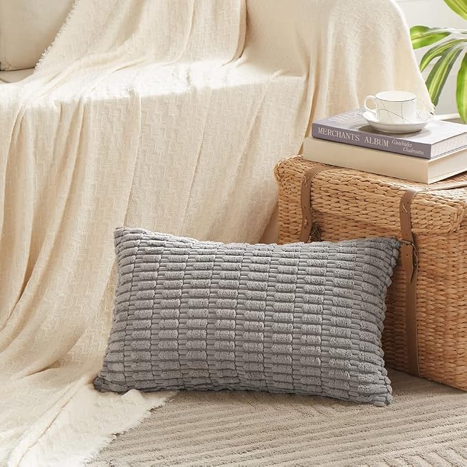 Fancy Homi Decorative Throw Pillow Covers for Bed Couch Bedroom Bench, Soft Corduroy Solid Pillow Case, Rustic Farmhouse Boho Room Decor,24" x 14" (Pack of 1),Gray