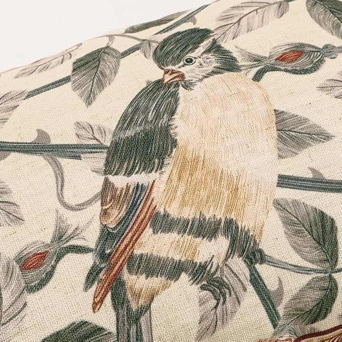 patdrea Vintage Linen Throw Pillow Cover,12"x20",Set of 2-ParkerEstate B | French Decorative Pillow Case with Zipper,Bird and Floral Pattern,Cushion Coverfor Couch Living Room Bedroom