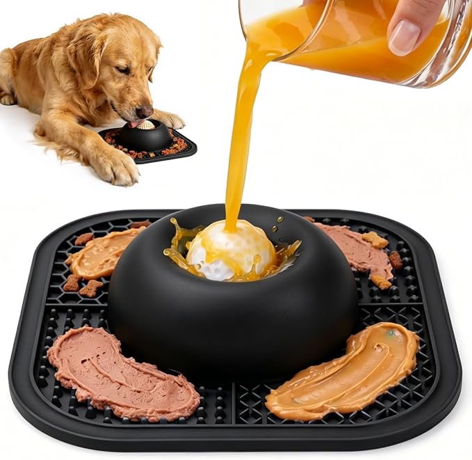 Slow Feeder Dog Bowls & Lick Mat for Liquid and Thick Treat, Anti-Slip Dog Lick Bowl with Interactive Rolling Ball, 5/6 Cup Pup Licking Toy for Large Medium Small Dogs and Cats-Large Black