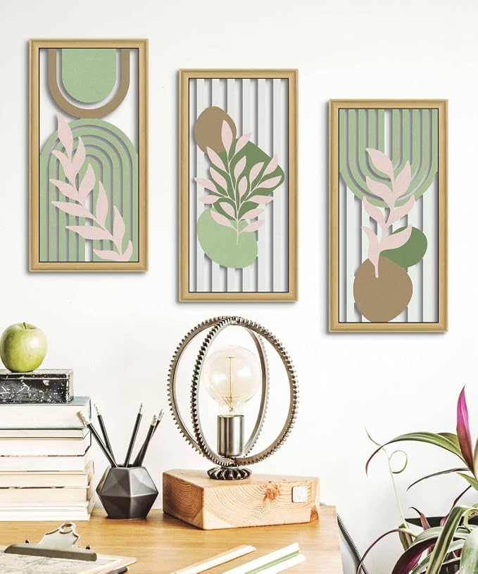 Putuo Decor Boho Abstract Wall Art Set of 3, Modern Geometric Botanical Wooden Wall Decor, Mid-Century Minimalist Framed Artwork, Warm Toned Aesthetic Prints for Living Room, Bedroom, Office