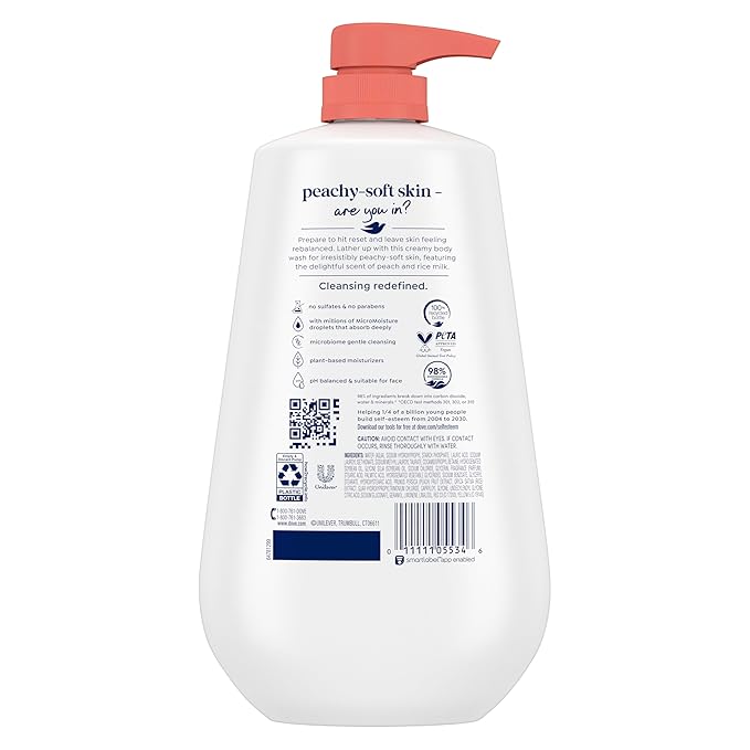 Dove Body Wash Rebalance White Peach & Rice Milk For 24hr Lotion-Soft Skin Moisturizing Skin Cleanser with No Sulfates No Parabens 30.6 oz (Pack of 3)