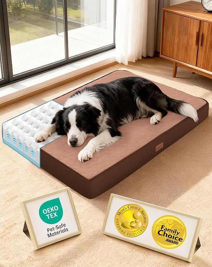 OhGeni Orthopedic Waterproof Med Large Dog Bed, Memory Foam, 36 inch(Brown) | Machine-Washable Removable Cover in Easy-Clean Fabric, Reversible Memory Foam & Easy-Carry Handle, Wider and Larger