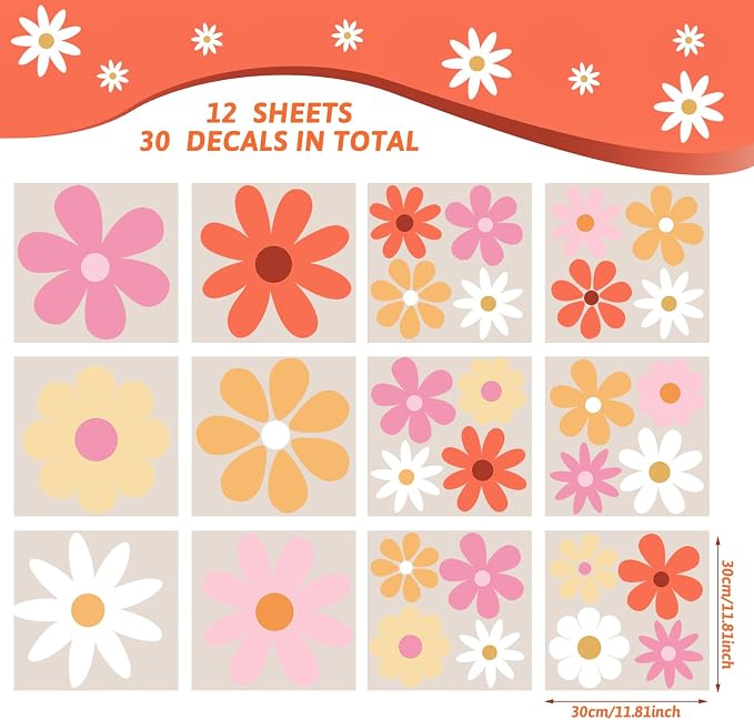 TaoBary 12 Sheet Daisy Wall Sticker Decal,Bright Color,Bright Style | Big Flower Wall Sticker, Pink White Floral Decal, Daisy Bedroom Room Decor, Removable Peel and Stick, Nursery Home Wall Decor