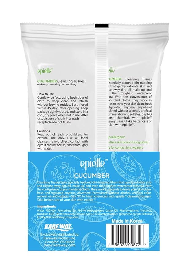 Epielle Cucumber Makeup Remover Wipes, Gentle Daily Facial Cleanser Towelettes, Remove Dirt, Oil & Waterproof Mascara, Stocking Stuffers, 60 Count (Pack of 2)