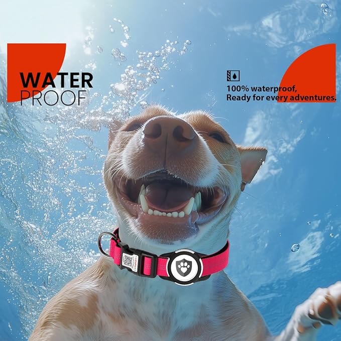 Waterproof AirTag Dog Collar with QR Code Dog Tag, Rose Red XS | IP68 waterproof, QR code dog tag, Anti-Lost, Online profile, fits XS-L (8"-26"), Padded nylon, Reflective, No App, No Fees