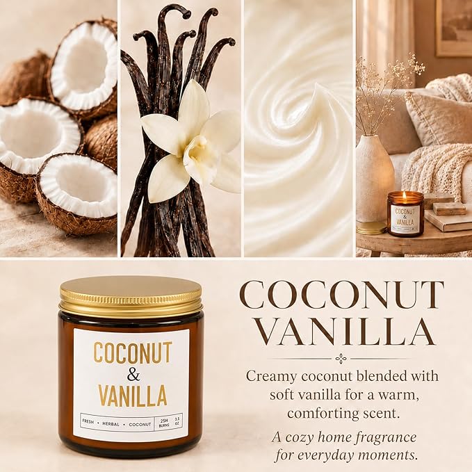 Coconut Vanilla Candles, 6 Pack Scented Candles 3.5 oz Each, 21 oz Total Soy Candles in Amber Glass Jars, Aromatherapy Candle Set for Home, Bathroom, Gifts for Women and Mom