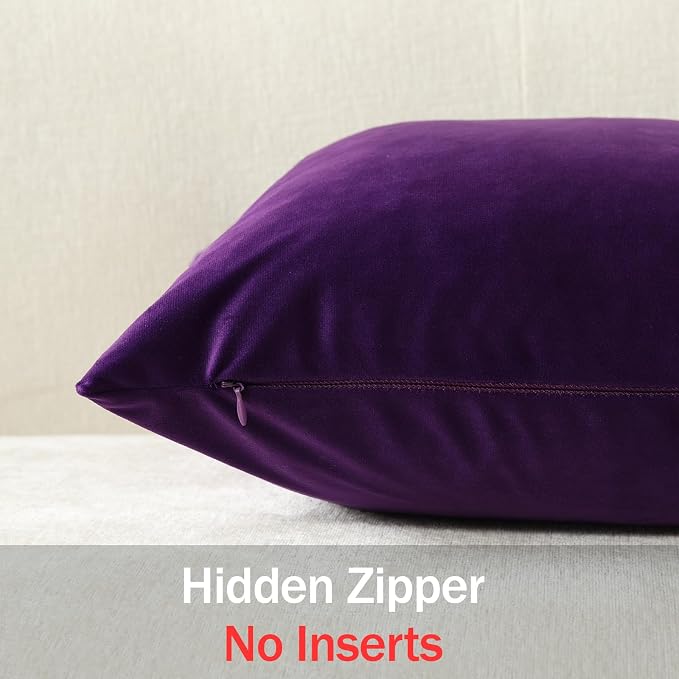 Euro Sham Covers 24x24 Purple: Pack of 2 Cozy Soft Velvet Square Modern Luxury Decorative Throw Pillow Cases for Sofa Couch Living Room Bed Home Decor