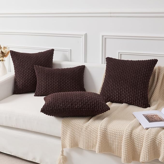 Kevin Textile Soft Corduroy 14"x22" Lumbar Pillow Cover 1 Pack, Coffee | Boho Stripe Plush Corduroy Decorative Oblong Cushion Cover Modern Farmhouse Home Decor for Sofa Couch Bed Chair