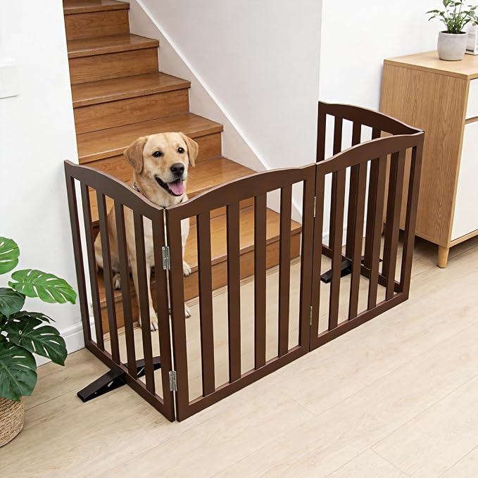 ZJSF Foldable Freestanding Indoor Dog Gate for House Wood Long Pet Gates Dog Fence for Stairs Puppy Gates for Hallways, Puppy Gate,Support Feet Included, Brown, 32 "Height-3 Panels