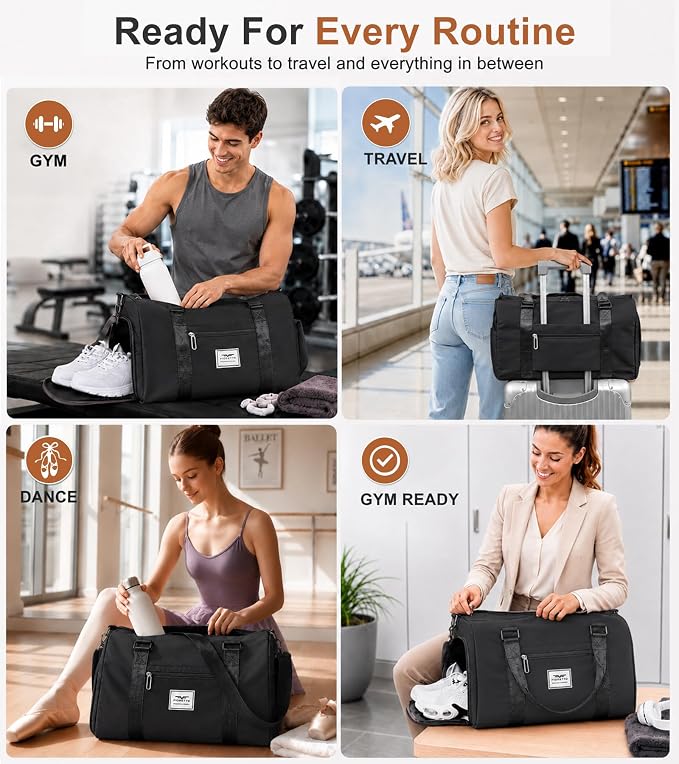 FIORETTO Womens Gym Tote Duffle Bag with Wet Pocket & Shoe Compartment, Sports Duffel Overnight Weekender Hospital Workout Carry on Bag for Girls, Ideal for Travel, Swimming, Dance, Ballet Black