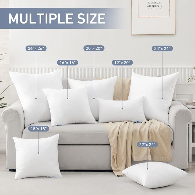 Leeden 24x24 Pillow Inserts Set of 2, 24 Inch Decorative Throw Pillow Inserts, Soft Fluffy Square Throw Pillows for Couch, Sofa, Bed, and Home Decor White Cushion
