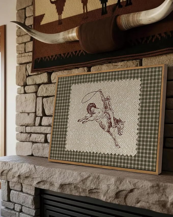 ZZLWBKGL Western Wall Decor Framed Wall Art Vintage Canvas Art 12x16in | Farmhouse Cowboy Artwork West Stamp Picture Mid Century Aesthetic for Living Room Bedroom