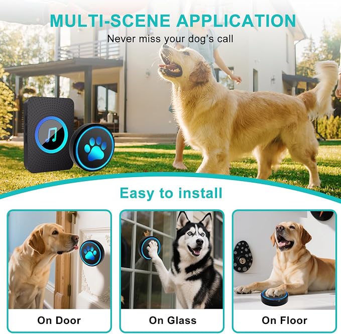 Dog Door Bell for Potty Training, Smart Wireless Doggie Doorbell to Go Outside, 1000 Feet Long Range with IP65 Waterproof Super-Light Touch Button, 60 Melodies & Adjustable Volume (Black)