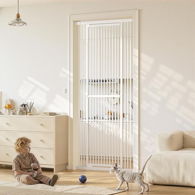 Gardner Pet 51"-87" Extra Tall Cat Gate for Doorway, Wide Adjustable 27.56"-37" Baby Gate Included 4 Extension Kits, Pressure Mounted Safety Full Door Gate for Stairs, Studio, Kitchen (White) | 51"-87" height & 27.56"-37" width adjustability; pressure-...