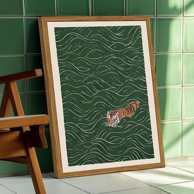 Framed Japanese Tiger Wall Art, Vintage Tiger Swimming Pictures Wall Decor, Funny Wild Animal Paintings Canvas Prints Eclectic Home Decor for Living Room Bedroom Bathroom 12x16 inch
