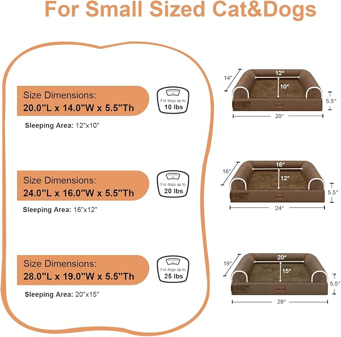 Orthopedic Dog Bed for Small Dogs, 24 x 16 Inch, Dark Coffee | Egg crate foam for joint support, 3-sided bolster pet sofa, waterproof lining, washable cover, and non-skid base