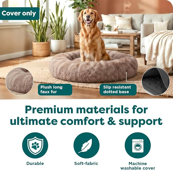 FurHaven Replacement Dog Bed Cover, Long Faux Fur for Calming Cuddlers, Machine Washable, Customizable Filling, Jumbo XL, Faux Fur, Taupe