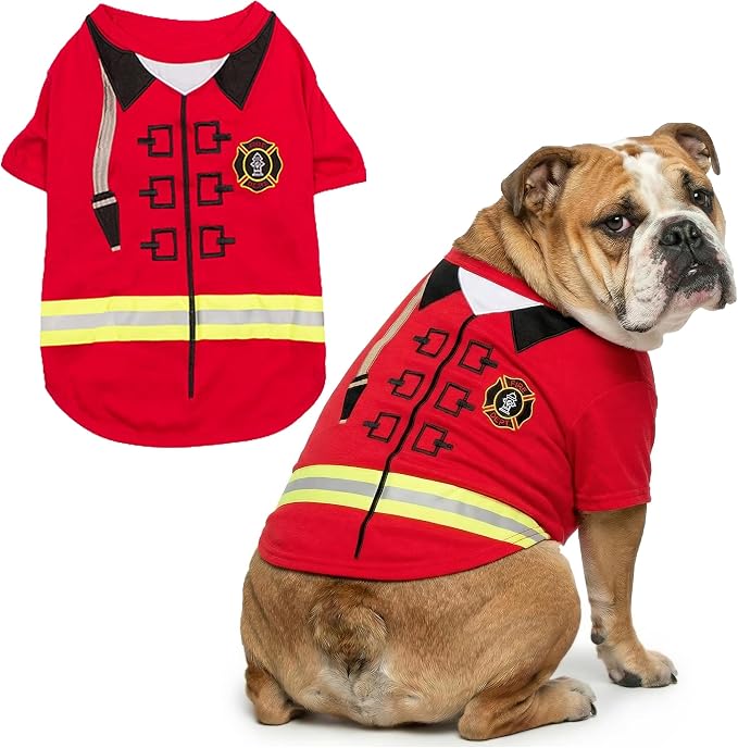 Parisian Pet Dog Costume - 100% Cotton Firefighter Dog Clothes for Large Dogs - Lightweight Puppy Outfits - Funny French Bulldog Clothes - Sleeved Red Shirt for Dogs - Stretchy Pet Costume