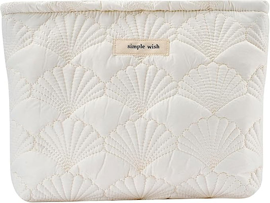 uekeboag White Quilted Cotton Makeup Pouch,Coquette Quilted Toiletry Bag for Women and Girls, Floral Coquette Organizer Bag, Aesthetic Travel Cosmetic Bags(03White Shells)