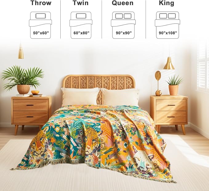 LUTBM Boho Throw Blanket for Bed 60"x80", All Season Cotton Couch Blankets | Reversible Leopard Jacquard, Gauze Twin Quilt, For Chair Sofa Living Room, Lightweight & Breathable, Whimsical Home Decor