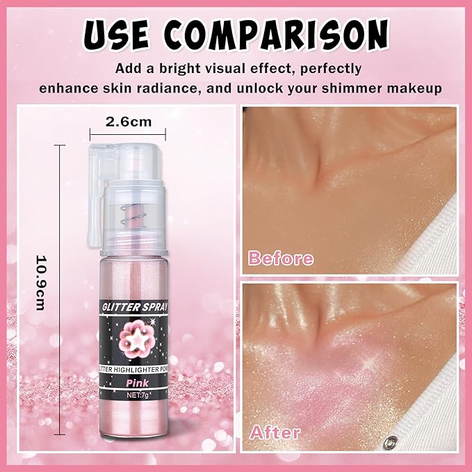 AWCCXMYM Body Glitter Spray Sparkle Hairspray Highlighter Glitter Shiny Spraay for Hair and Body,Face Glitter Powder for Halloween,Christmas,Concert Accessories Party Body Makeup(Pink)