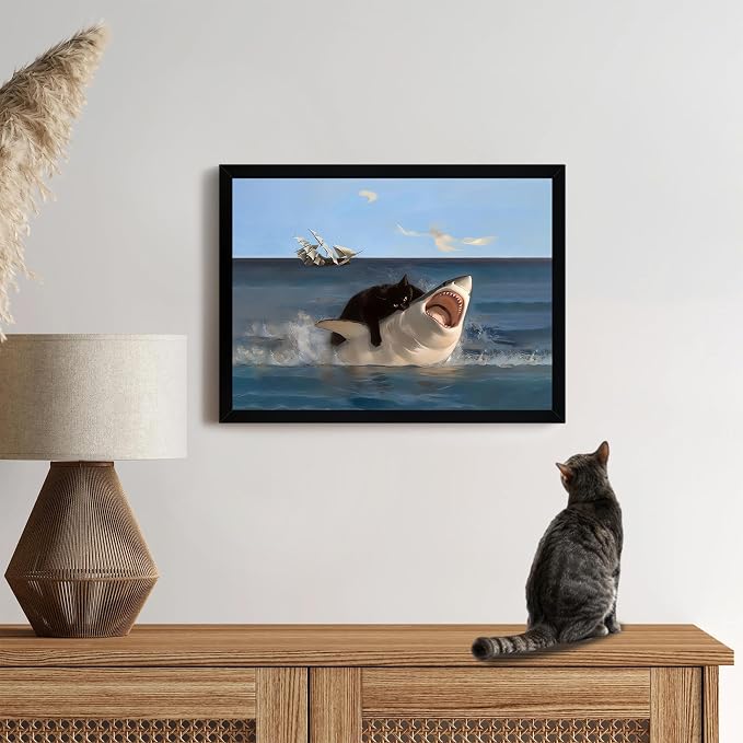 ICHZUMW Framed Funny Black Cat Biting Shark Ocean Canvas Wall Art 12x16 In | Quirky Cat Biting Shark Oil Painting, Humorous Bathroom Wall Decor, Bedroom Bar Man Cave Restroom Powder Room, Ready to Hang