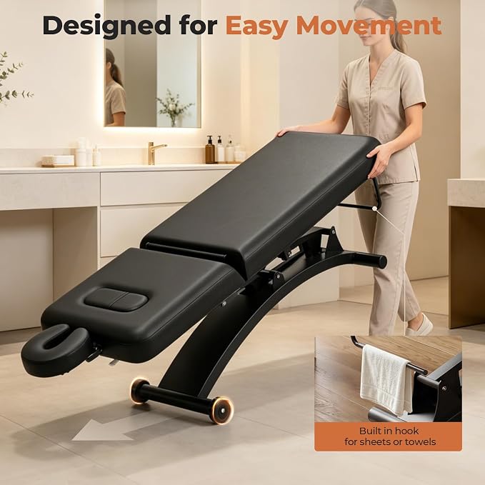 Paddie 550lbs Hi-Lo Electric Massage Table Professional, Black | Hydraulic Adjustable Backrest, Adjustable Face Cradle, Rolling Wheels