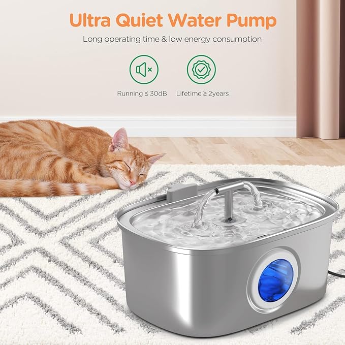 Cat Water Fountain Stainless Steel: 108oz/3.2L Cat Fountain with 4 Filters | Pet Drinking Fountains for Cats Inside - Automatic Cat Feeding & Watering Supplies - Water Level Window
