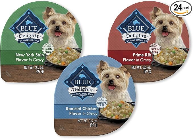 Blue Buffalo Delights Variety Pack Small Breed Wet Dog Food, 3.5 oz, 24 ct | Chicken, Prime Rib & New York Strip (8 of Each), Adult Formula, Grain-Free, No Corn, Wheat, or Soy