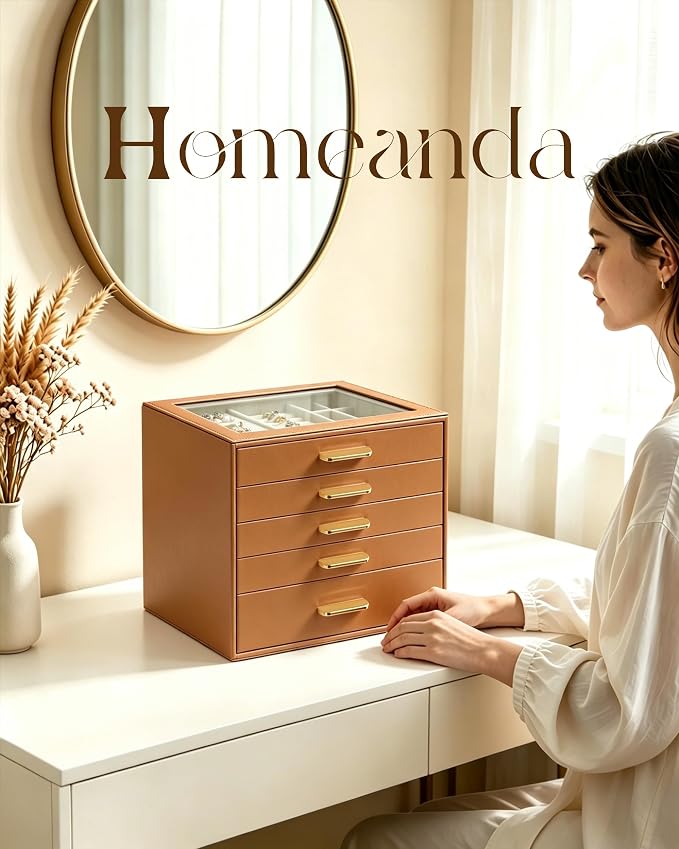 Homeanda Jewelry Boxes Organizer with Glass Lid, 5-Layer PU Leather, Brown | Modern style display case with 5 drawers for daily jewelry, women, mom or girl gift