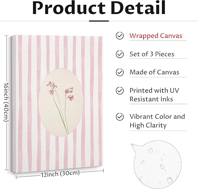 Pink Flower Wall Art Striped Floral Prints Botanical Canvas Wall Decor Aesthetic Pictures Pastel Pink Floral Poster Minimalist Flower Painting for Girl Room 12x16 Inch Wrapped Canvas Set of 3