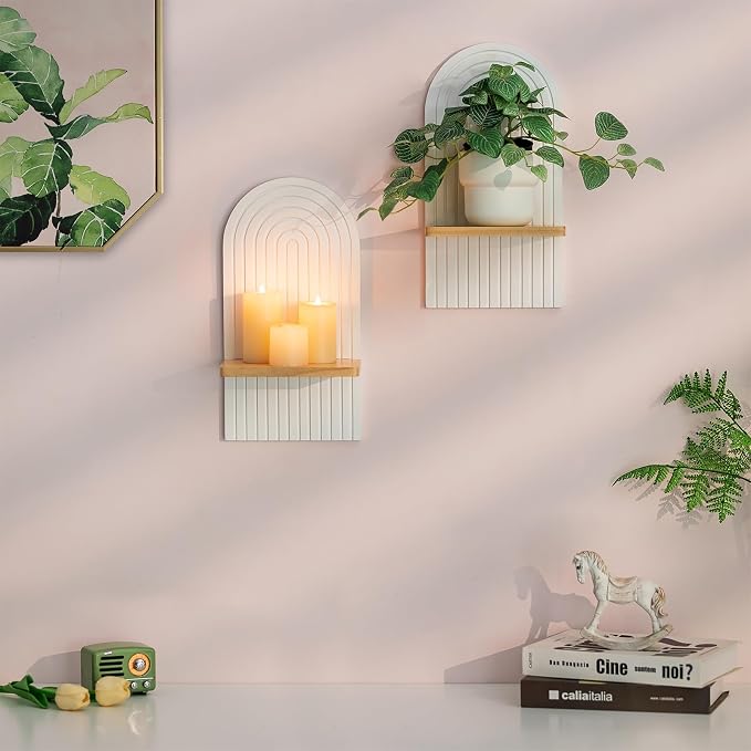 Boho Wall Candle Holder Set of 2 with White Arched 3D Design | Mid-century Candle Sconces, Soild Wood, Modern Minimalist, for Pillar, Plants, Bohemian Art Decor, Beside Fireplace and TV