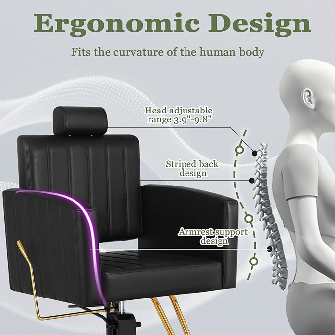 Black and Gold Salon Chair for Hair Stylist, Heavy Duty Hydraulic Barber Salon Chair with Vertical Stitch Design, 360° Swivel, Adjustable Height, Ergonomic Reclining Stylist Chairs for Beauty Salon