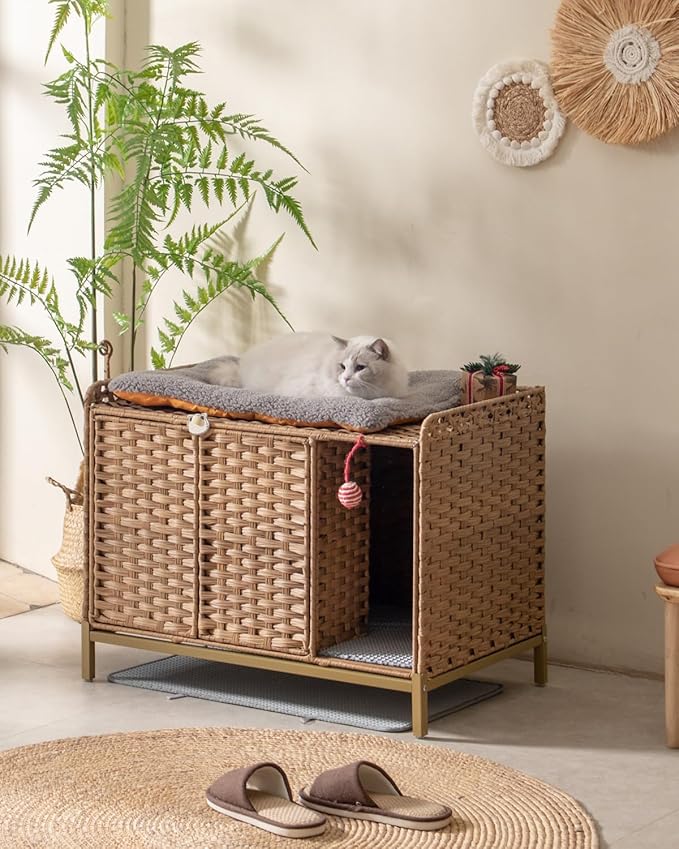 SETVSON Litter Box Enclosure Furniture with Divider, Cat Cabinet, Natural | Handwoven PE Rattan with Soft Litter Mat, 3.54-In Heightened Metal Feet, 2 S-Hooks, 31.2 x 19.6 x 24.2 In Spacious