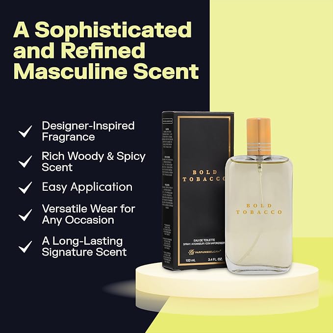 PB ParfumsBelcam Bold Tobacco Eau de Toilette Spray for Men – Warm Woody Spicy Scent with Tobacco Flower, Ginger, Cinnamon & Vanilla – Typically Lasts 3–6 Hours, Masculine Signature Scent, 3.4 fl oz