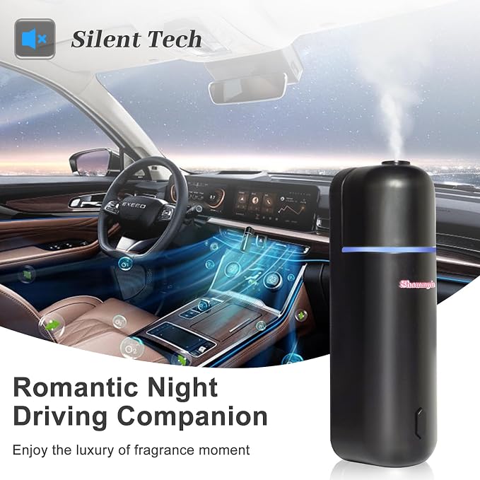 Car Diffuser, Motion Sensor Waterless Essential Oil Diffuser for Car USB Rechargeable with 6 Refill Scents（Hilton/Sandwood/WhiteTea/Diamond/GreenBamboo/Pachuli