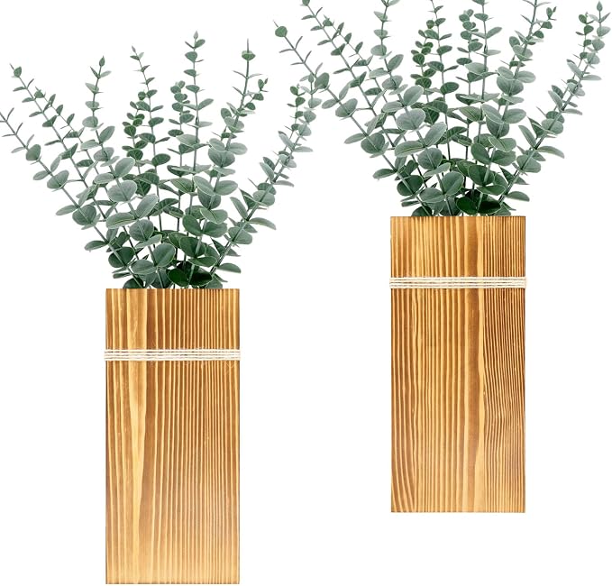 Wall Planters for Indoor Plants-2 Pack Wood Wall Vases for Dried Flowers & Artificial Plants Modern Farmhouse Wooden Vase for Living Room Bedroom Kitchen Decorations - Brown Large