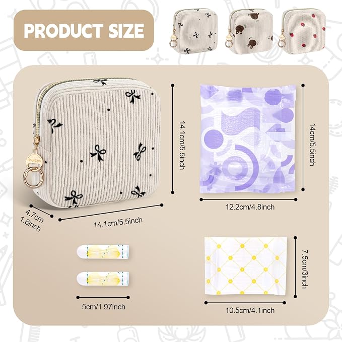 Cute Period Bag for Teen Girls, Corduroy Sanitary Napkin Storage Bag, Menstrual Pad Pouch Tampon Holder for Purse (Strawberry)