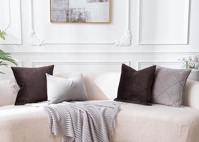 Throw Pillow Covers Set of 2 for Couch Velvet Cushion Cover 14x14,Coffee | Decorative Pillow Covers with Invisible Zipper for Couch Sofa Bed Living Room Bedroom Home Decor