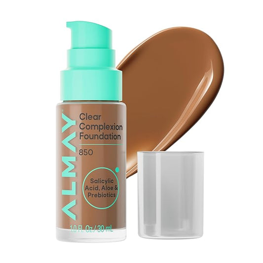 Almay Clear Complexion Foundation, Oil-Free Face Makeup for Acne-Prone Skin, Buildable Coverage, Soft-Matte Finish, Vegan, 850, 1 fl oz