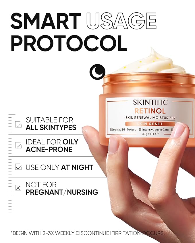 Retinol Skin Renewal Moisturizer, Retinol Cream for Face, Blemish Care, Oil Control & Pore Minimizing, Lightweight, Fragrance-Free, Night Cream for All Skin Types from Age 20+