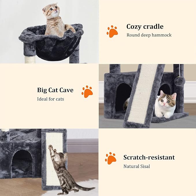 SYANDLVY 23.62" Cat Tree for Indoor Large Cats, Cat Tower with Scratching Posts & Board, Modern Cat Bed Furniture with Condo & Basket (Smoky Grey)
