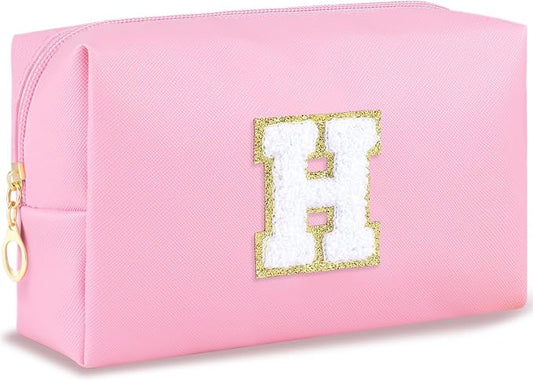 URSKYTOUS Initial Makeup Bag Personalized Preppy Travel Small Cosmetic Bag Cute PU Pink Chenille Letter Makeup Pouch for Purse Waterproof Zippered Toiletry Organizer for Women Girls Kids Friends (H)