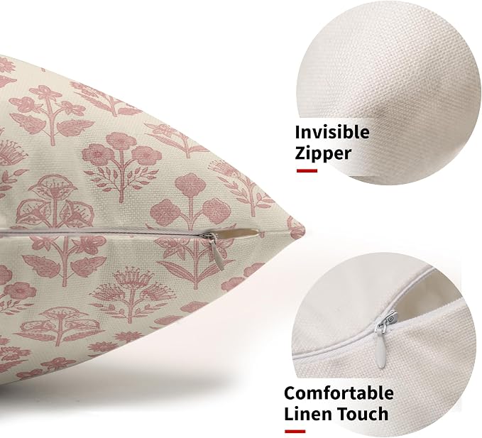 Pink Floral Pillow Covers 12x20 Inch Set of 2, Block Print Lumbar Flower Cream Decorative Throw Pillowcases Outdoor Farmhouse Rectangle Cushion Covers Spring Summer Sofa Couch Bed Decor