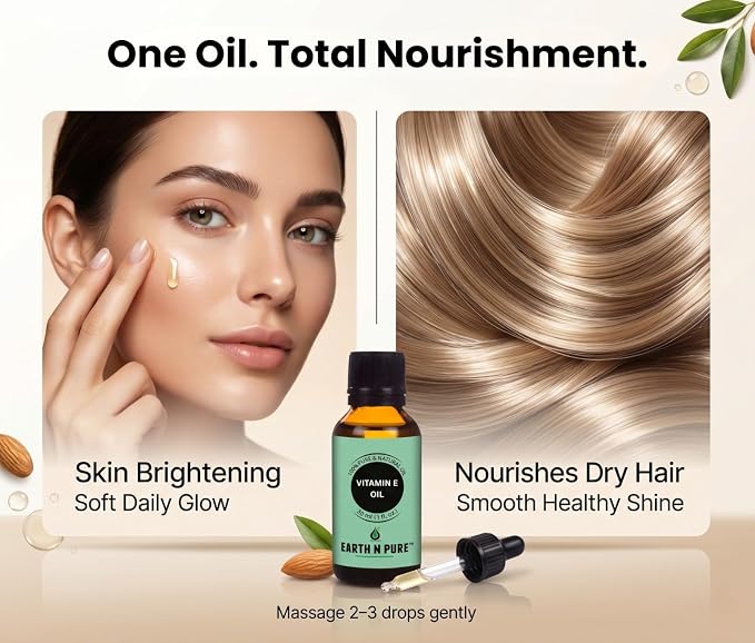 Earth N Pure Vitamin E Oil for Skin & Hair 50ml | 100% Pure & Natural Tocopherol Oil | Face Moisturizer, Deep Skin Hydration, Dark Spots, Scars, Nails, Scalp & DIY Skincare | 50ml