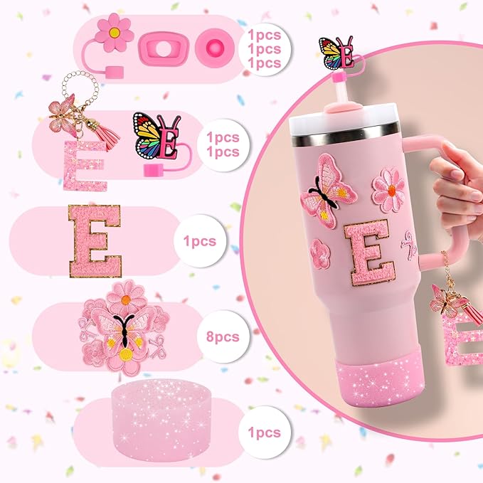 15PCS Cup Accessories Set for Stanley Cup 30oz 40oz Tumbler with Handle, Including Silicone Straw Cover and Boot, Spill Proof Stopper, Stanley Charms, Handle Charm, Initials Sticker
