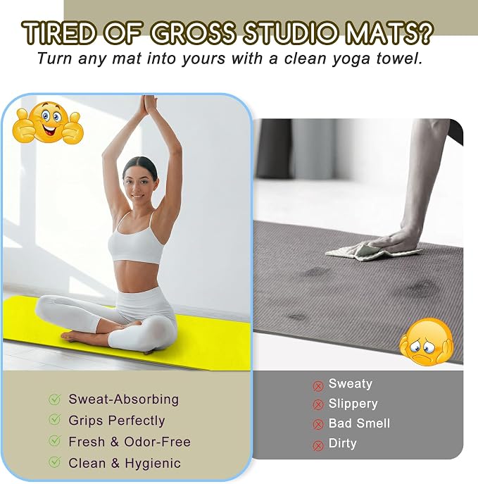 Yoga Mat Towel, Extra Thick (600GSM) Soft Hot Yoga Towel, Non-Slip and Sweat Absorbent for Hot Yoga, Bikram, Pilates, and Fitness, 72" x 27.5", Dual-Color, Grey/Yellow