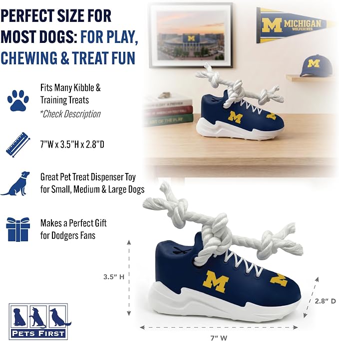 NCAA Michigan Wolverines Cleat Sneaker Spike Dog Toy, Treat Dispenser Chew Toy for Dogs, Interactive Rope Tug Toy, Slow Feeder Natural Rubber Dog Toy with Official Team Logo for Puppies & Adult Dogs