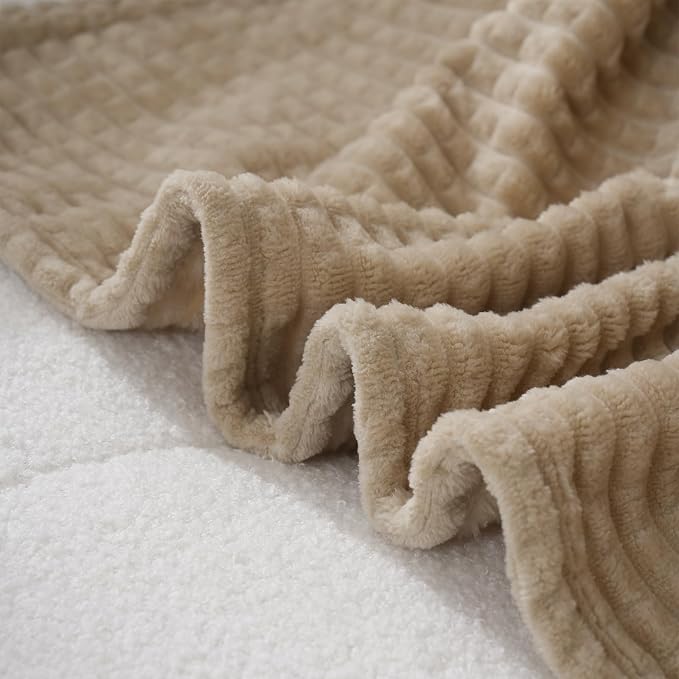 Puncuntex Fleece Throw Blanket Khaki 108"×90" with Square Grid Design | Super Soft Plush Cozy Flannel Throw Blanket Luxury for Couch Sofa Chair