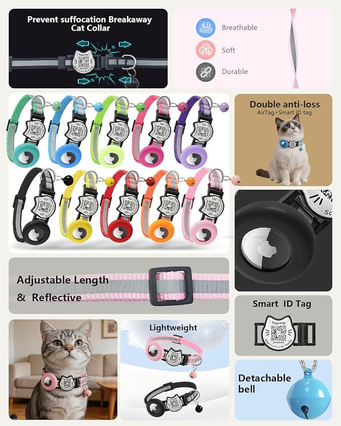 Cat Collar with AirTag Holder, QR Code Tag and Bell (Black)